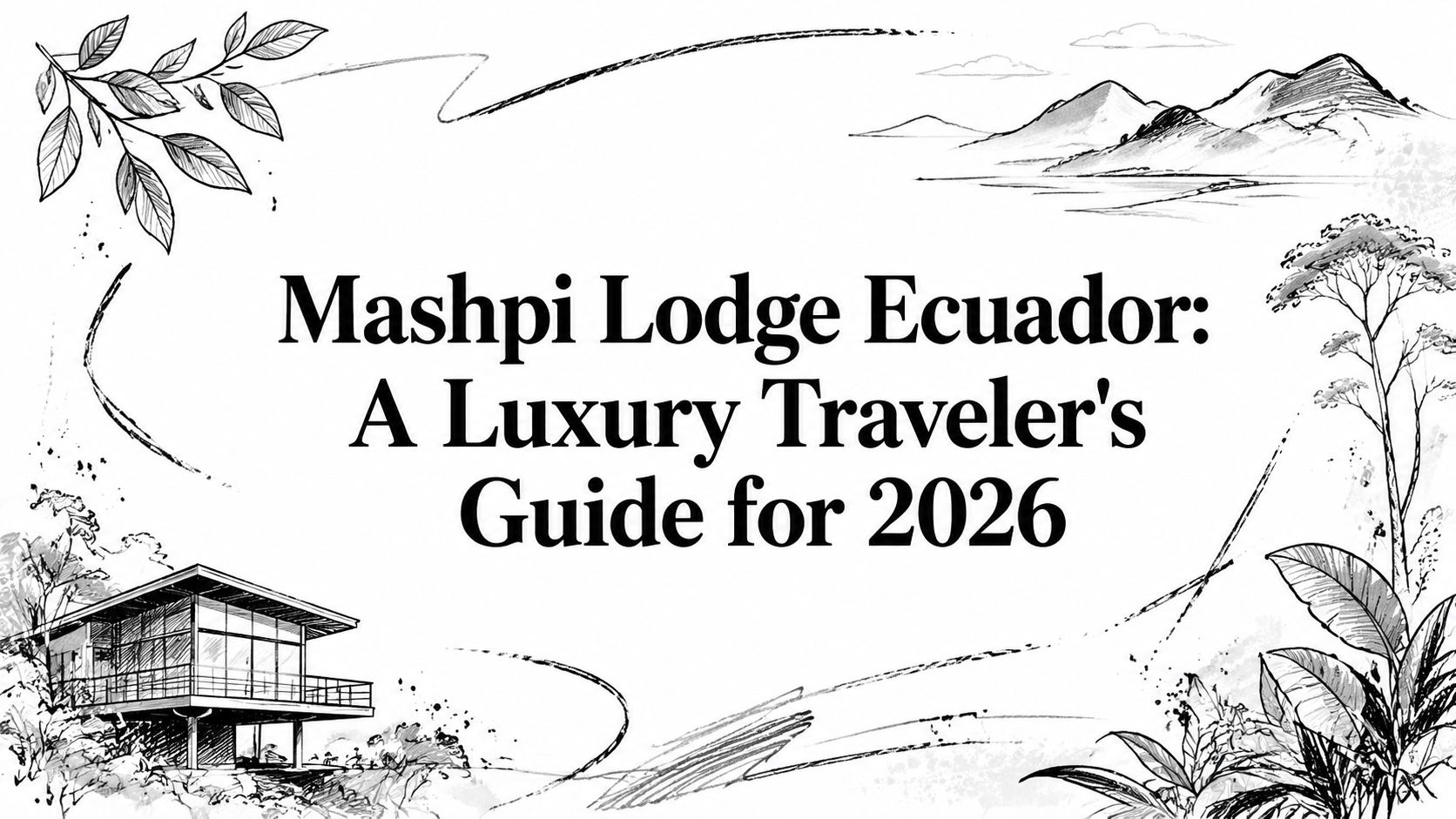 Editorial sketch titled 'Mashpi Lodge Ecuador: A Luxury Traveler's Guide for 2026' with cloud forest, mountains, and glass lodge | HauteBlack