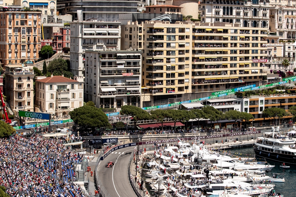 Monaco Grand Prix circuit and harbour grandstands — Port Hercule superyacht row and the Formula 1 street circuit