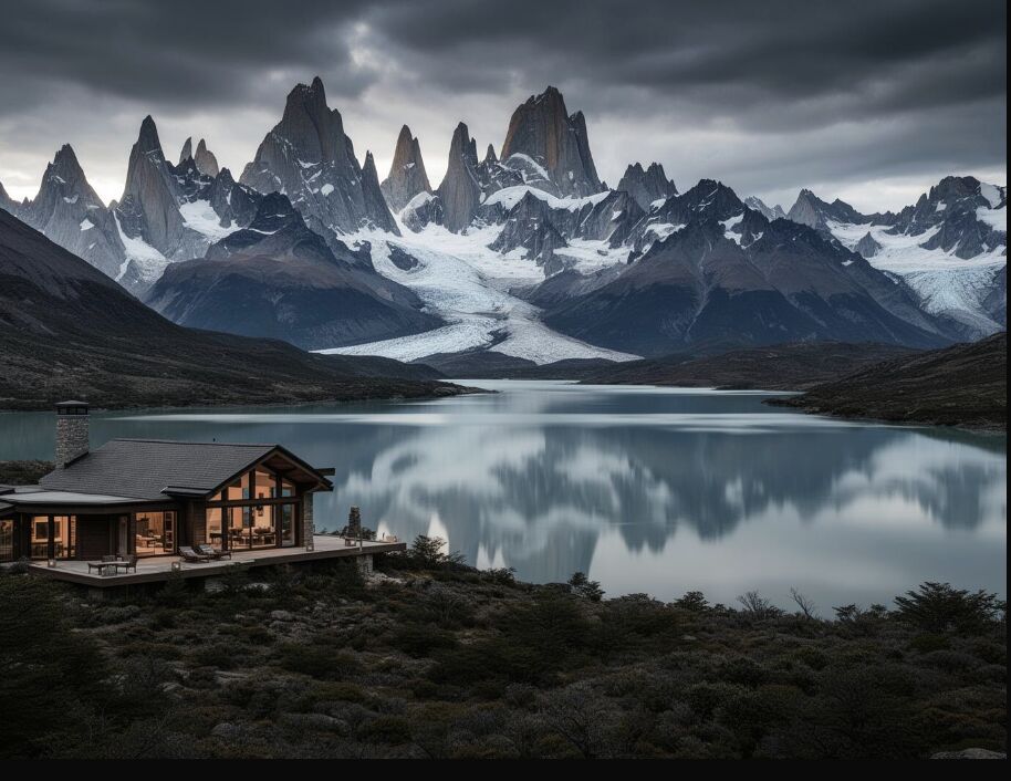 Luxury lodge by mountain lake in Patagonia