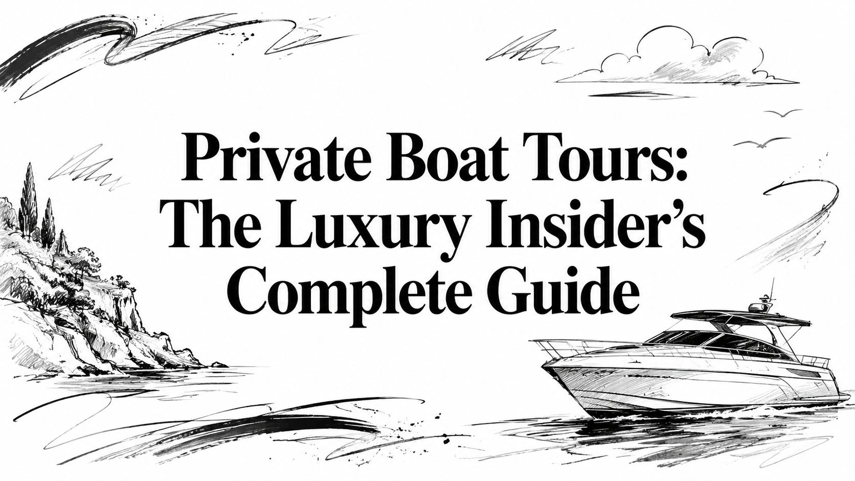 Editorial sketch titled ‘Private Boat Tours: The Luxury Insider’s Complete Guide’ with a motor yacht cruising past a rocky coastline | HauteBlack
