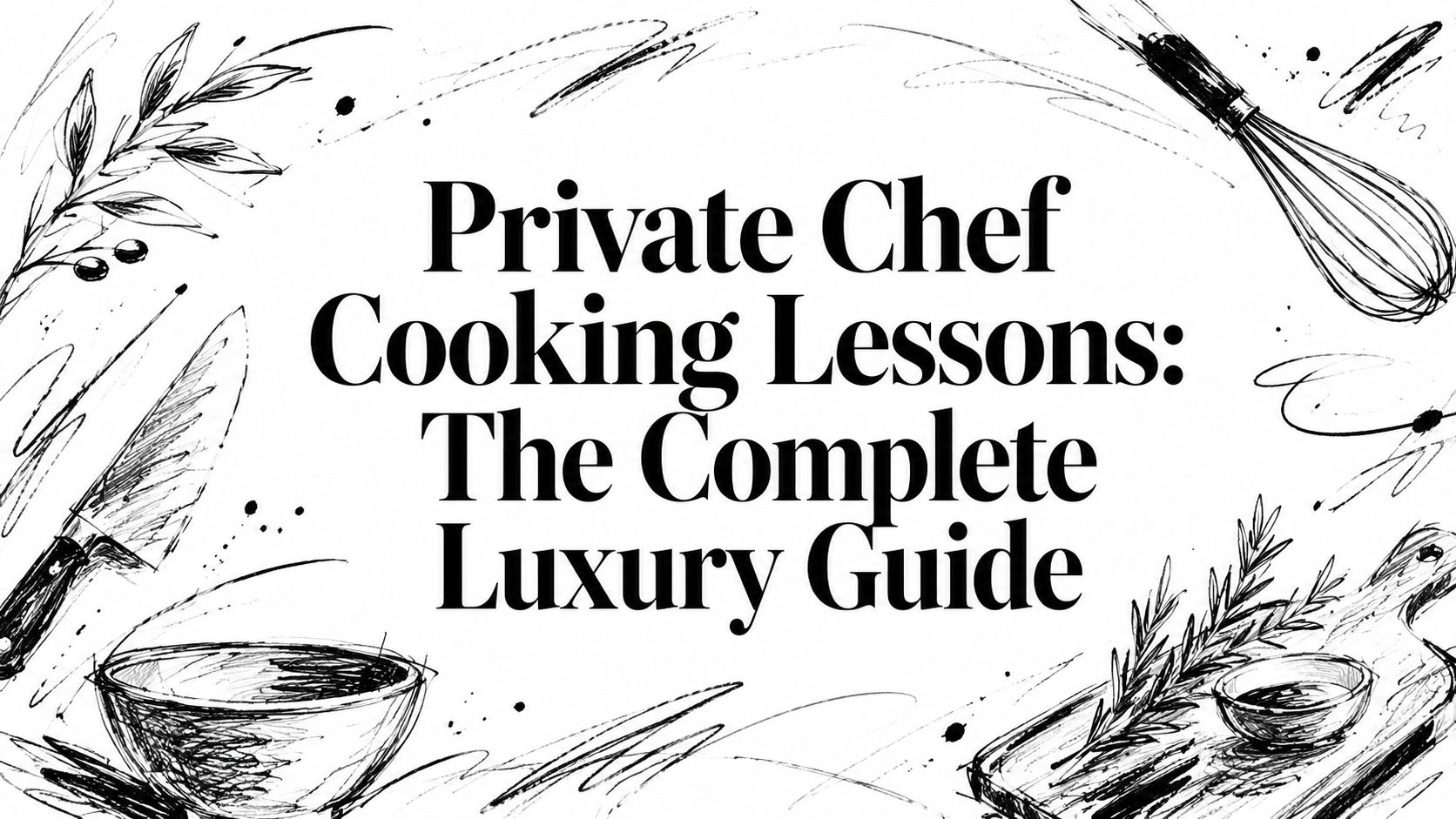 Editorial ink sketch of a knife, whisk, herbs and mixing bowls titled ‘Private Chef Cooking Lessons: The Complete Luxury Guide’ | HauteBlack