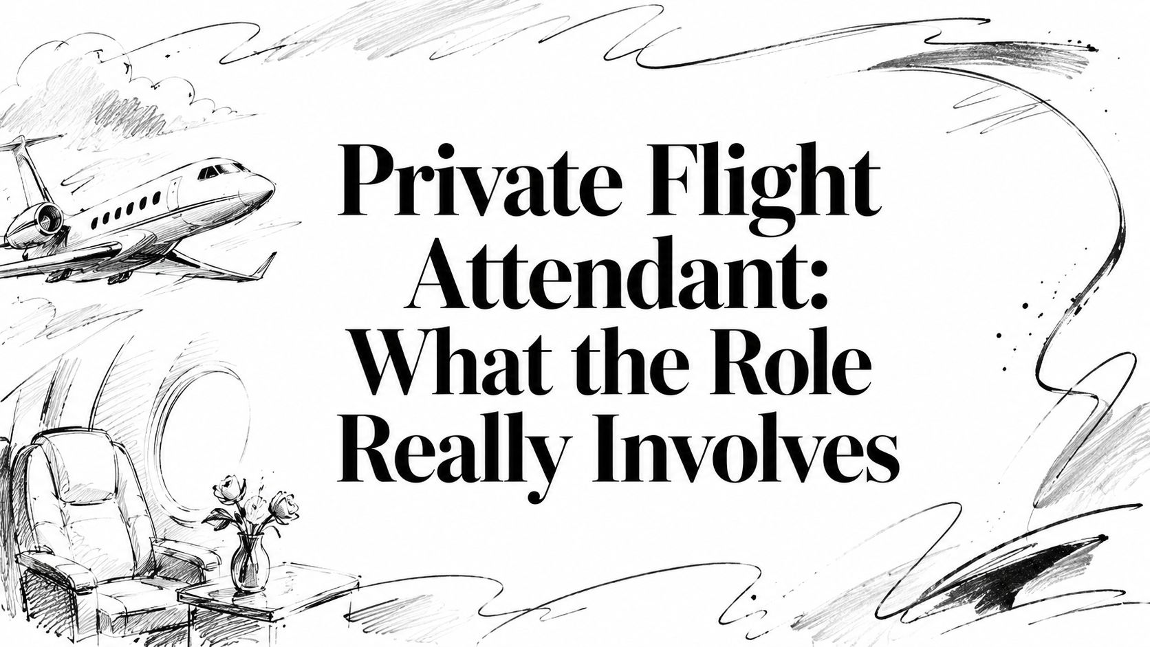 Editorial ink sketch of a private jet and cabin seat titled ‘Private Flight Attendant: What the Role Really Involves’ | HauteBlack