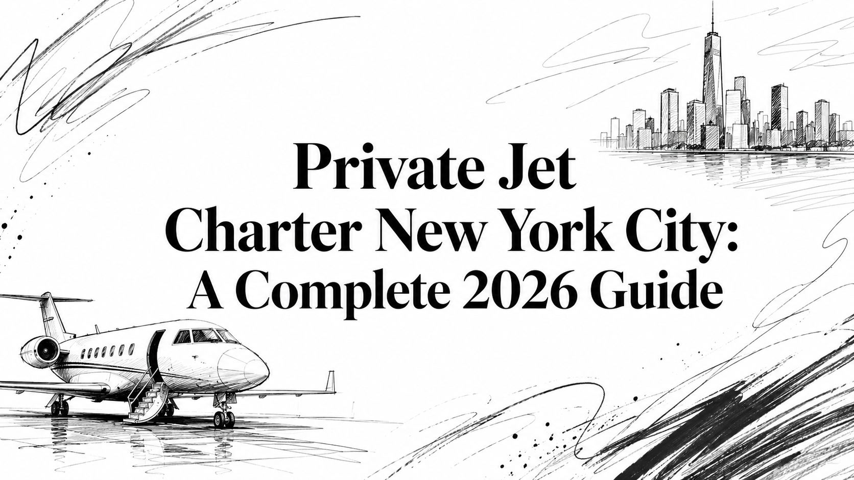 Editorial sketch of a private jet and Manhattan skyline titled ‘Private Jet Charter New York City: A Complete 2026 Guide’ | HauteBlack