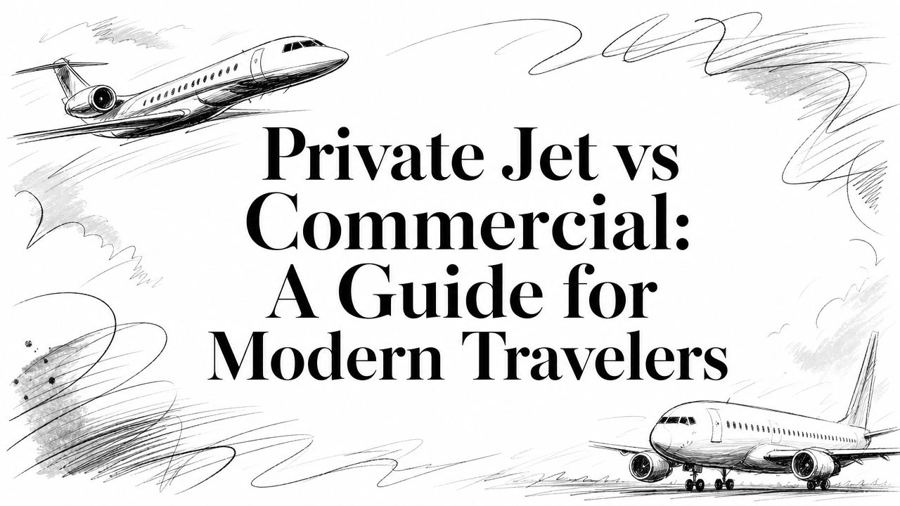 Editorial illustration with the title 'Private Jet vs Commercial: A Guide for Modern Travelers' framed by hand-sketched private jet and commercial aircraft | HauteBlack