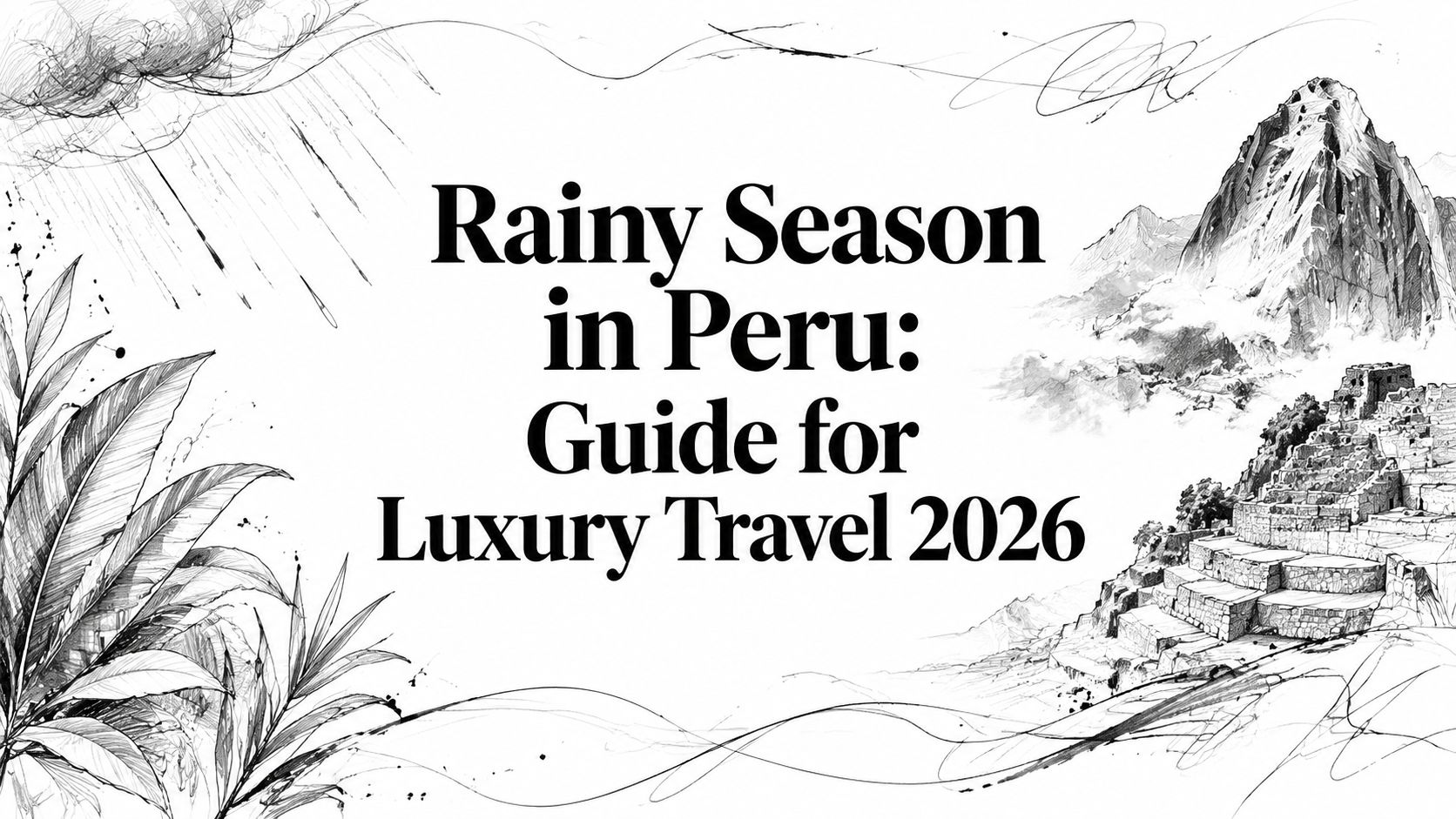 Editorial sketch titled 'Rainy Season in Peru: Guide for Luxury Travel 2026' with Machu Picchu, mountains, rain, and rainforest foliage | HauteBlack