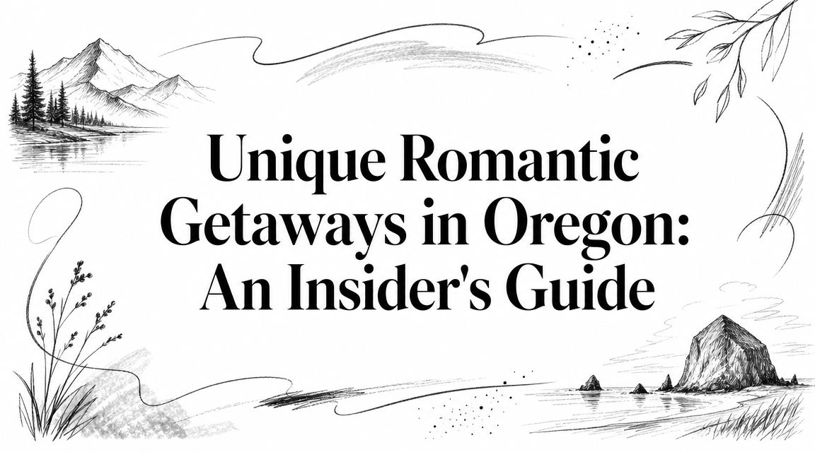 Editorial illustration with the title 'Unique Romantic Getaways in Oregon: An Insider's Guide'