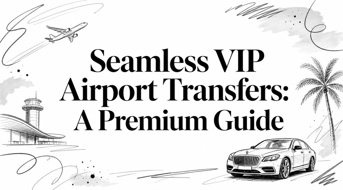 Editorial illustration with the title 'Seamless VIP Airport Transfers: A Premium Guide' framed by a sketched airplane, control tower, palm tree, and luxury sedan | HauteBlack