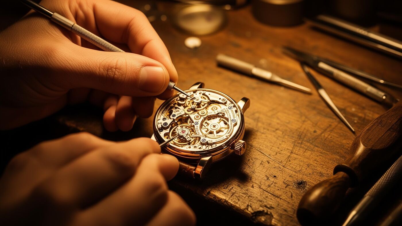 Master watchmaker assembling mechanical watch movement in Swiss atelier — HauteBlack manufacture access experience