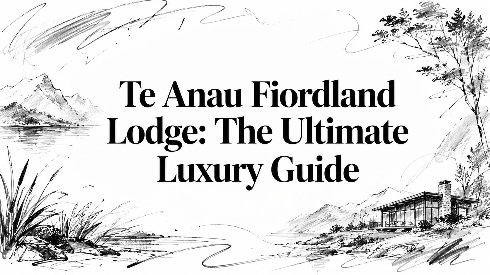 Illustrated editorial cover for Te Anau Fiordland Lodge: The Ultimate Luxury Guide featuring Fiordland mountains, a lake, and a modern lodge | HauteBlack