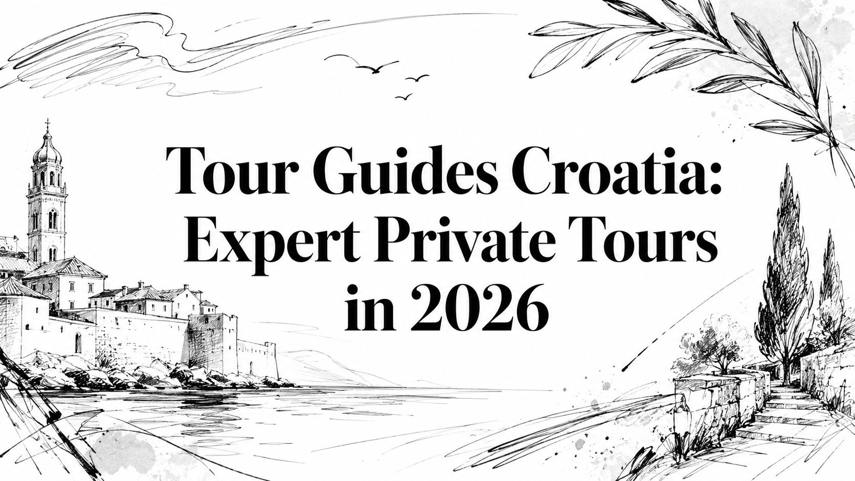 Illustrated editorial cover for Tour Guides Croatia featuring a coastal old town, bell tower, cypress trees, and olive branches | HauteBlack