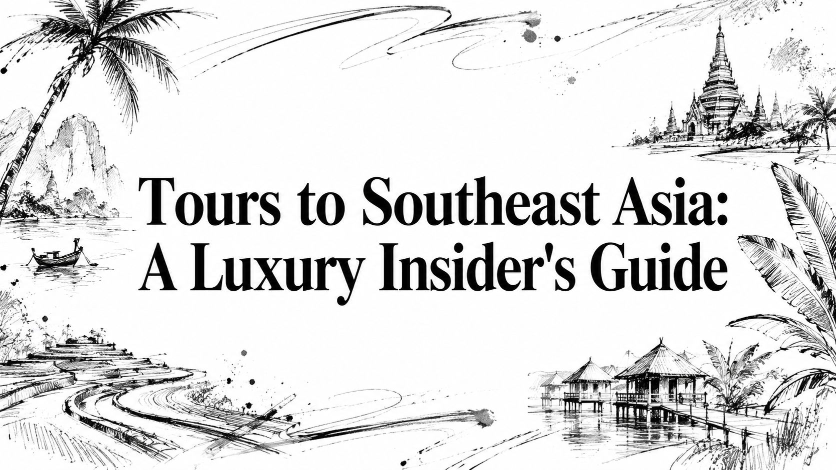 Editorial sketch titled ‘Tours to Southeast Asia: A Luxury Insider’s Guide’ with palms, limestone karsts, a pagoda, rice terraces, and overwater villas | HauteBlack