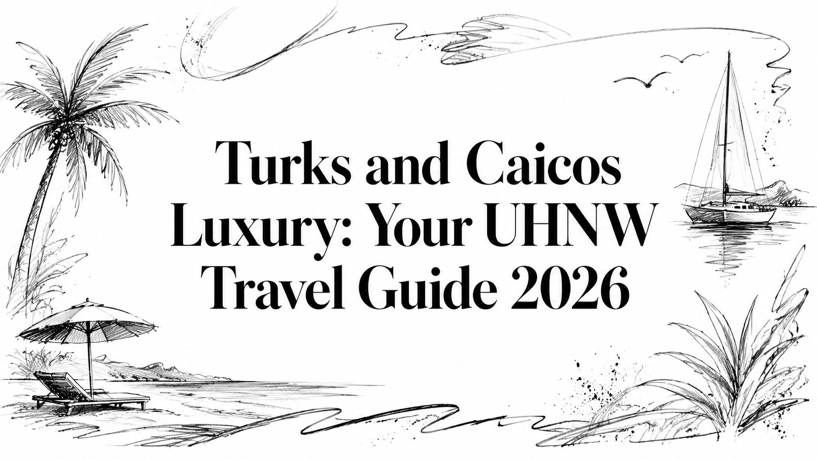 Editorial illustration titled 'Turks and Caicos Luxury: Your UHNW Travel Guide 2026' with sketched palm, sailboat, and beach loungers | HauteBlack