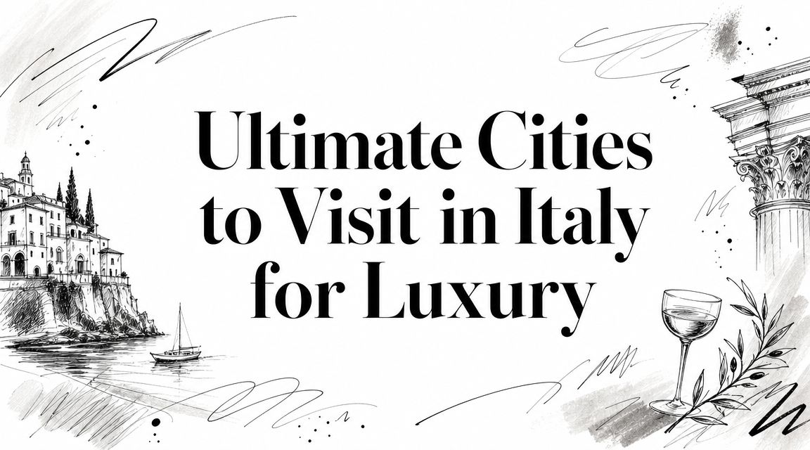 Editorial illustration with the title 'Ultimate Cities to Visit in Italy for Luxury' alongside sketches of an Italian coastal villa, a classical column, and a wine glass with olive branch.