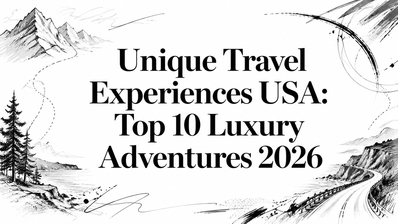 Editorial illustration titled 'Unique Travel Experiences USA: Top 10 Luxury Adventures 2026' with hand-sketched mountains, coastline, and winding road | HauteBlack