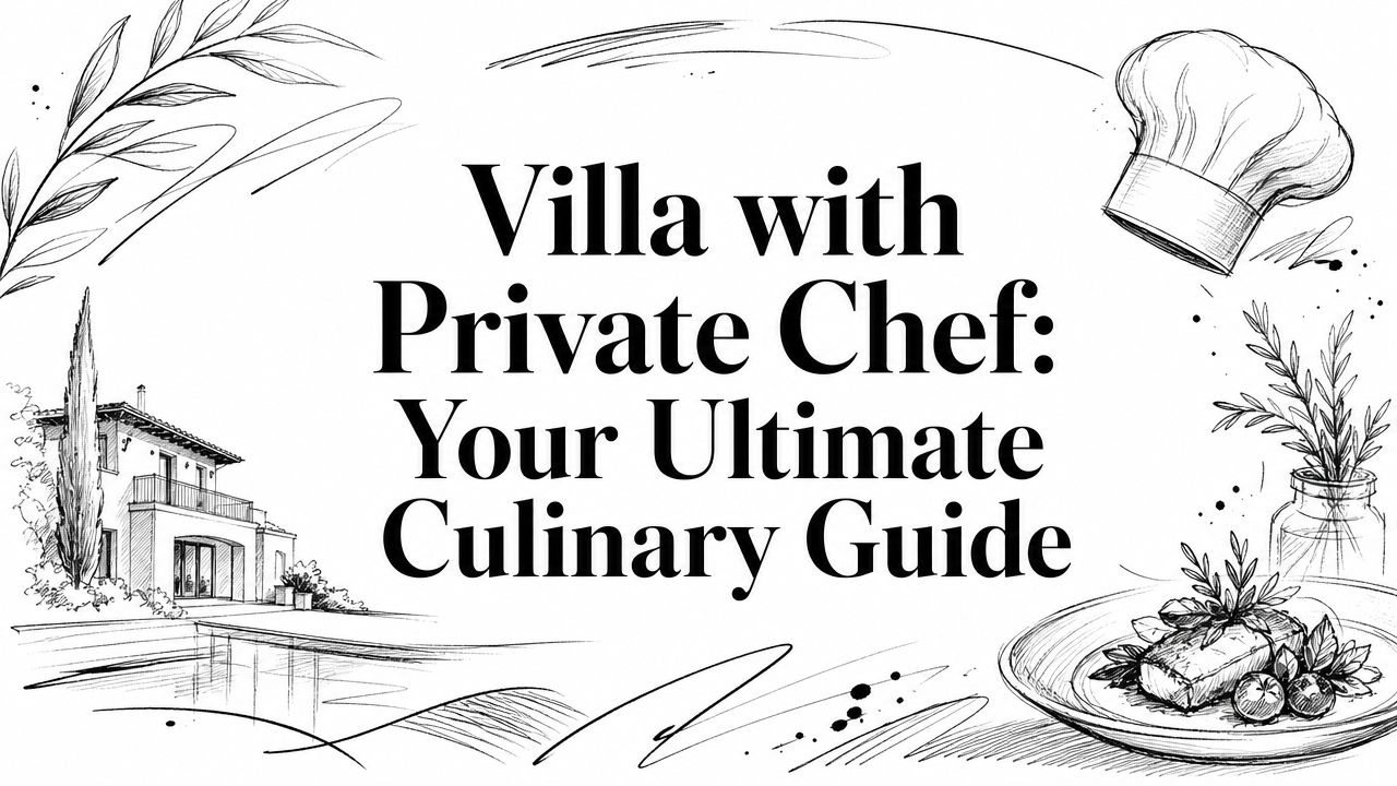 Editorial illustration titled 'Villa with Private Chef: Your Ultimate Culinary Guide' with hand-sketched villa, chef's hat, and plated dish | HauteBlack